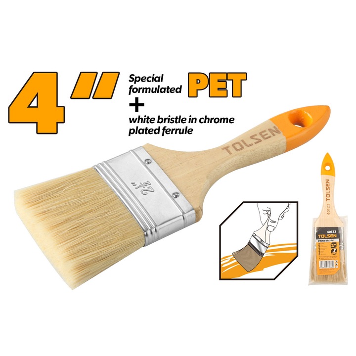 Pensula vopsit TOLSEN 4 inch, peri PET si albi, lungime fir 57 mm, grosime 17 mm, banda cromata, maner din lemn, pentru suprafete mari si aplicare uniforma
