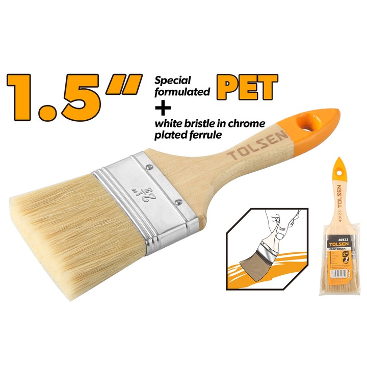 TOLSEN Pensula vopsit TOLSEN 1.5 inch, peri PET si albi, lungime fir 44 mm, grosime 13 mm, banda cromata, maner din lemn, pentru suprafete mari si aplicare uniforma, calitate profesionala, durabil, pentru vopsit si tencuit, marca TOLSEN Romania