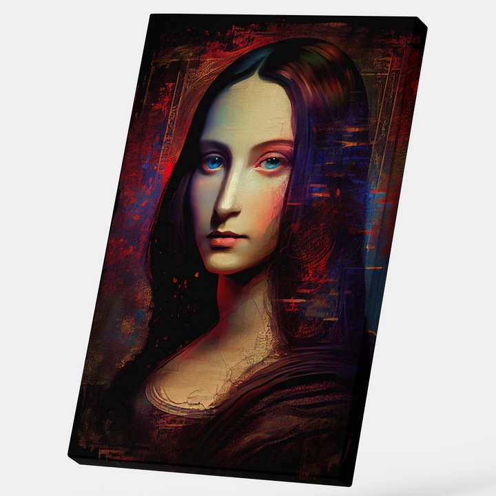 Vászonfestmény kék szemekkel, női portré, Mona Lisa stílus, barna haj, részlet, 25x40 cm, többszínű