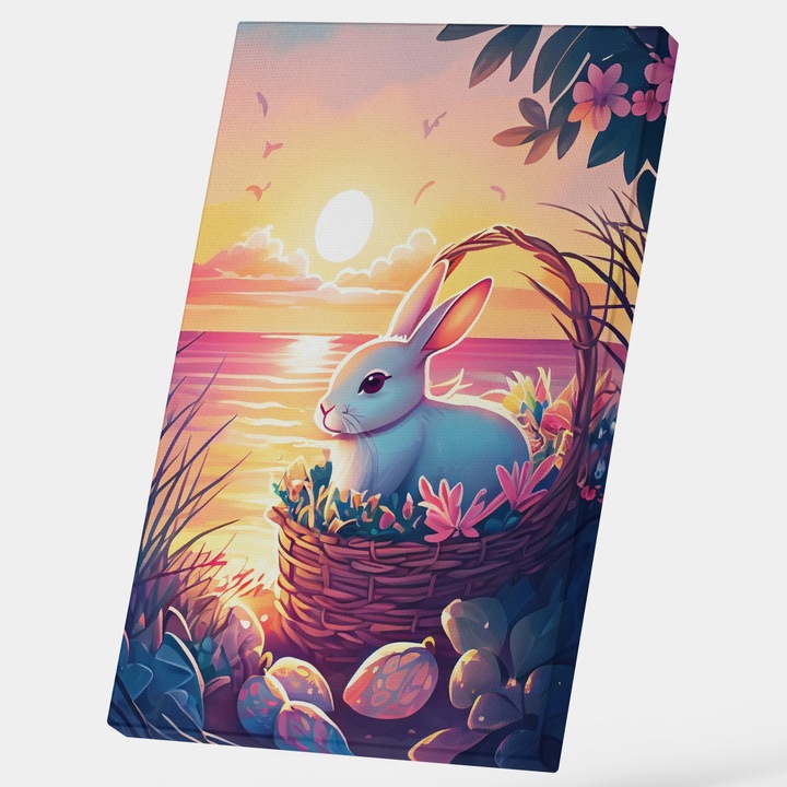 Картина на платно Великденски заек, Залез на морския бряг, Розови цветя, Кошница, пълна с яйца, Детайлно изкуство, 25x40 см, Многоцветна