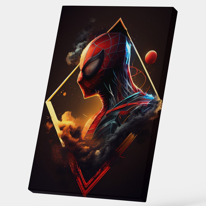 Tablou Canvas Cu Personaj Spiderman, In Rama Triunghiulara Aurie, Marvel, Filme SF, Arta Detalilor, 25x40 cm, Multicolor