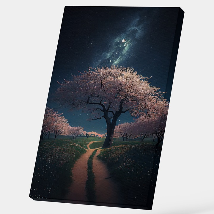 Tablou Canvas Cu Priveliste Pomii Infloriti Roz Nocturn, Carare Prin Pustietate, Cer Stralucitor, Filme SF, Arta Detalilor, 25x40 cm, Multicolor