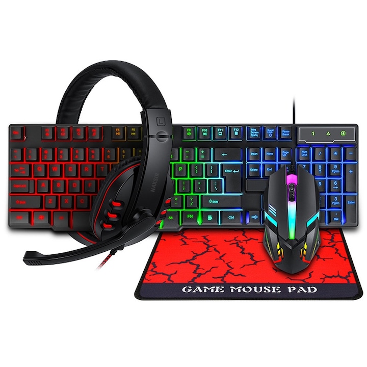 Kit Gaming 4 in 1, NAXSIR, Tastatura, Mouse, Casti, Mousepad, RGB, Negru