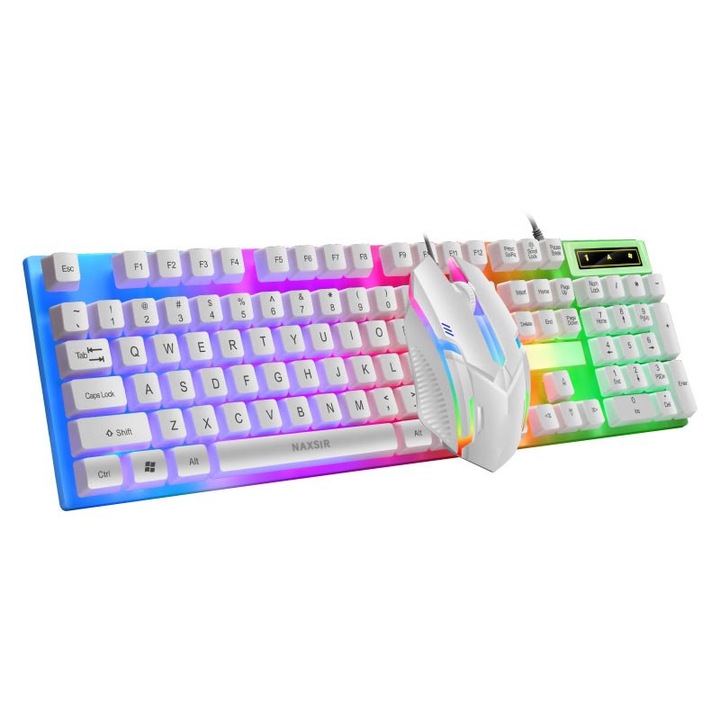 Kit Gaming Echipamente, Tastatura, Mouse, NAXSIR, 7 Culori, Alb