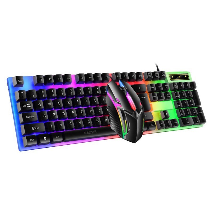 Kit Gaming Echipamente, Tastatura, Mouse, NAXSIR, 7 Culori, Negru