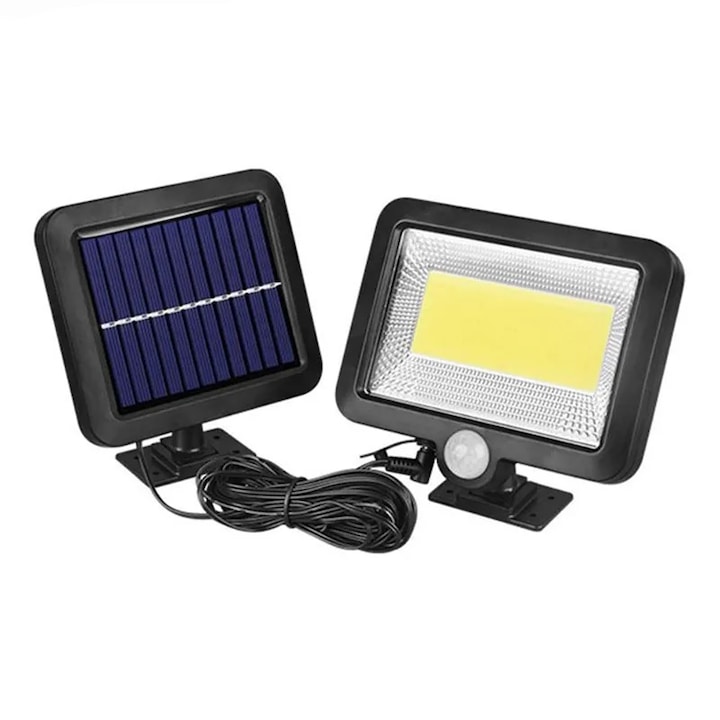 Lampa Solara 100 LED COB, Putere 30W, Acumulator 3.7V 1200mAh Lithium, Panou Detasabil, Senzor de Lumina, Senzor de Miscare, 3 Moduri de Iluminare, Calitate Premium, IP65 Wateproof, Negru