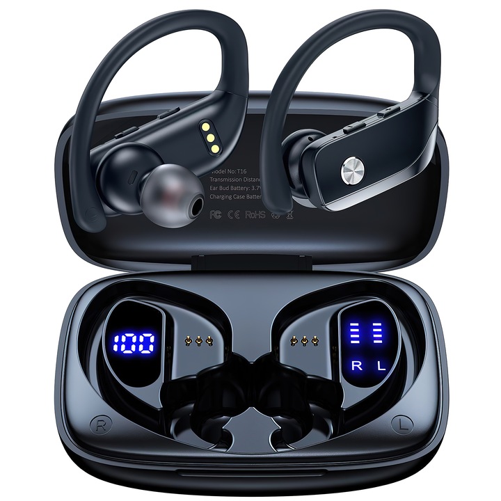 Casti wireless fara fir Sport, Bluetooth 5.1, Afisaj Digita, Microfoane HD, Noise cancelling, Rezistenta la Apa IPX7, Baterie 650mAh, Autonomie 36 h, Compatibilitate Universala, Negru