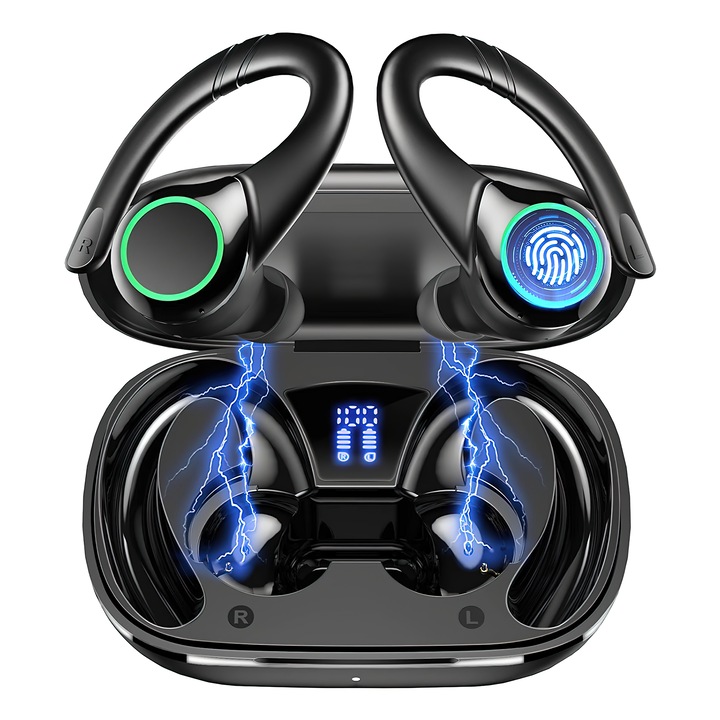 Безжични слушалки Bluetooth 5.2 слушалки, безжични слушалки с калъф за безжично зареждане Кукички за уши Водоустойчиви слушалки Слушалки Слушалки Вграден микрофон за iPhone Android Спортни тренировки за бягане