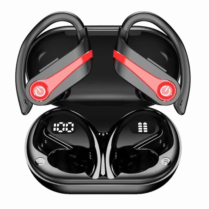 Безжични безжични слушалки GoMax, спортен дизайн, Bluetooth 5.3, IPX7 водоустойчивост, шумопотискане, LED дисплей, HD микрофони, 80 часа автономност, универсални, черни