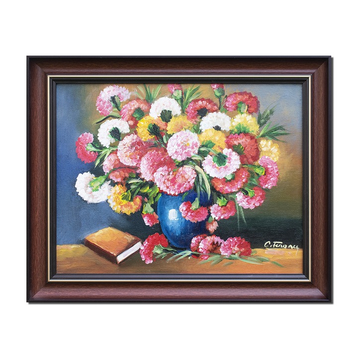 Tablou pictat manual inramat Artnova, Vaza cu flori, parfum floral, 55x45cm pictura ulei panza