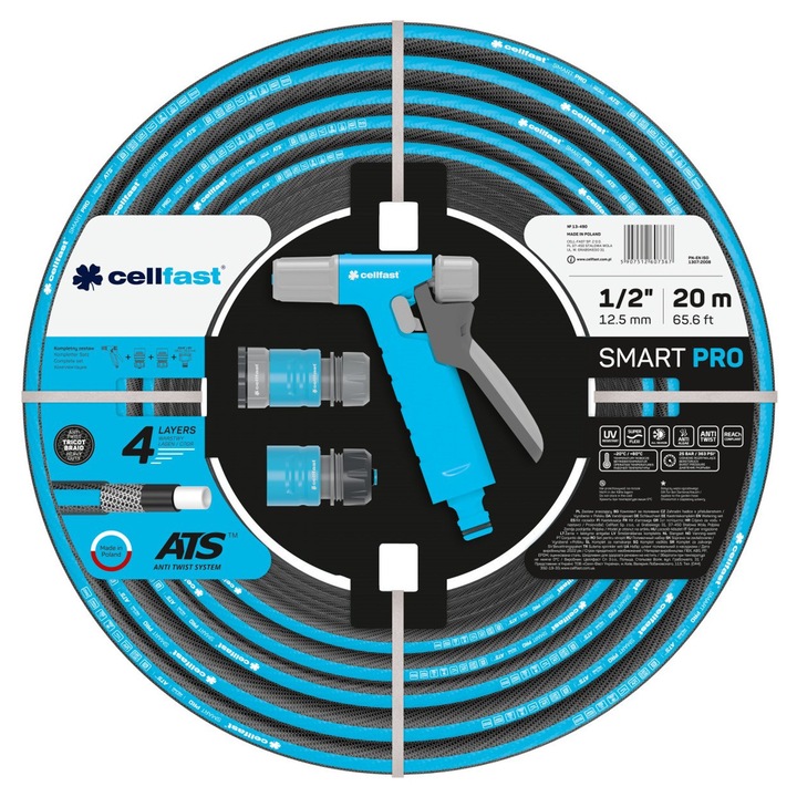 Комплект градински маркуч Smart Pro Ats с 4 слоя, 1/2", 20 м и аксесоари