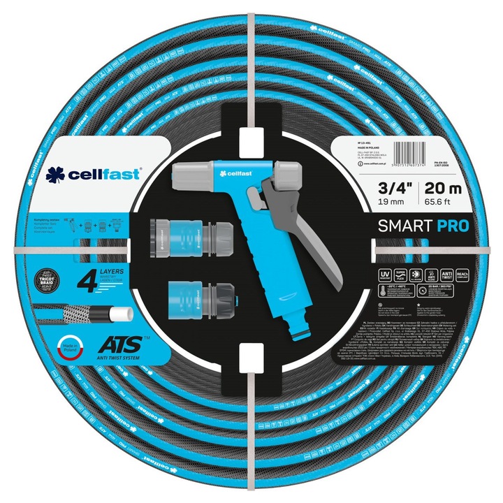 Комплект градински маркуч Smart Pro Ats с 4 слоя, 3/4", 20 м и аксесоари