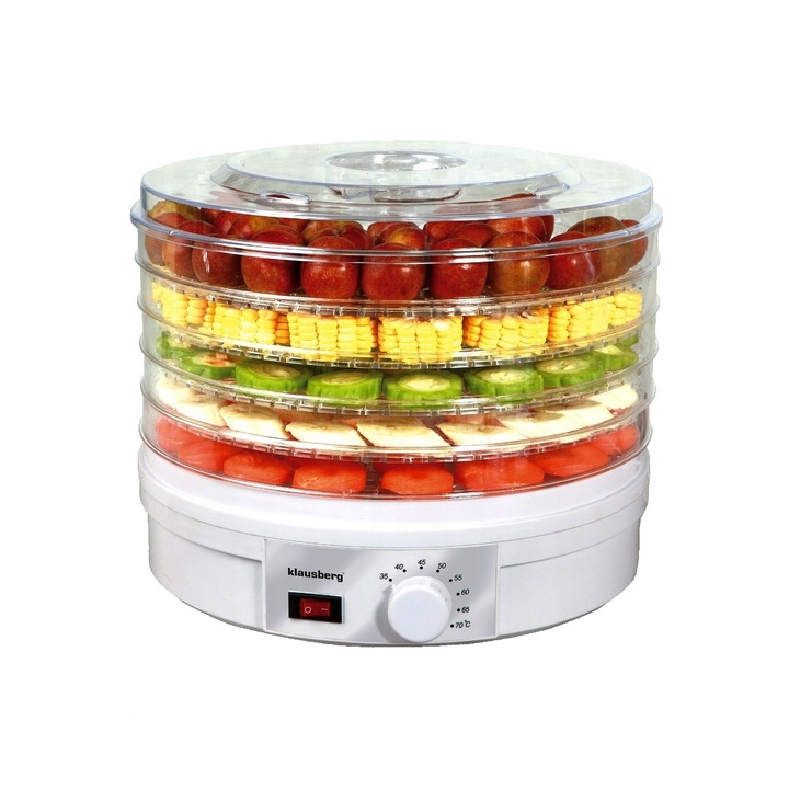Deshidrator, uscator de alimente cu ecran digiral Led, 5 tavi inox, 350 W, control digital 35-70 °C, Klausberg