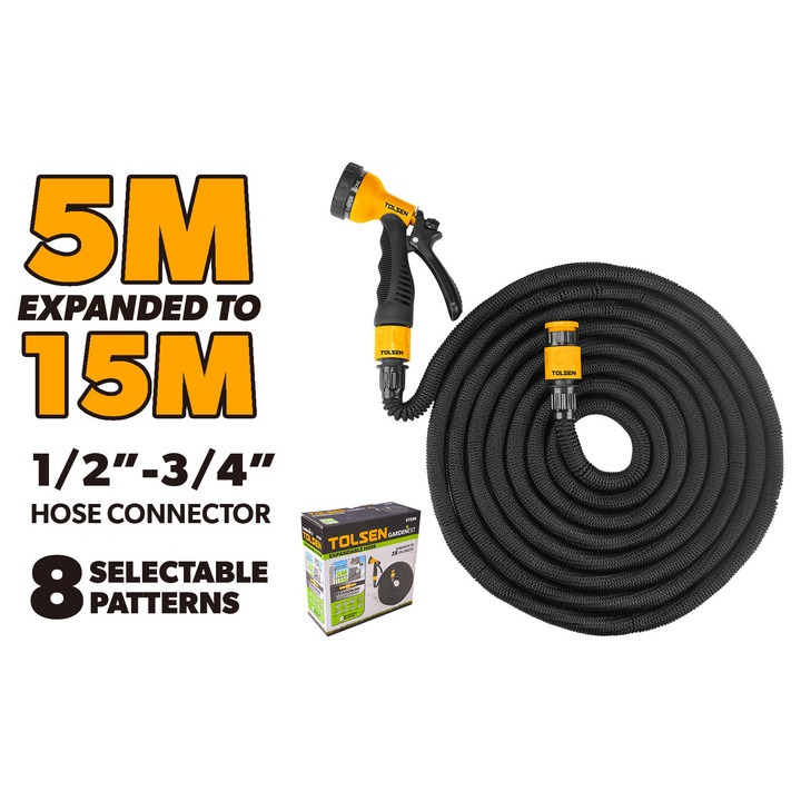 Furtun extensibil gradina GARDENEST by TOLSEN, 5-15m, Pistol cu 8 jeturi, Conector universal 1/2"-3/4", Usoar si compact, Se intinde de 3x, Ideal pentru udare gradina, terasa sau curte