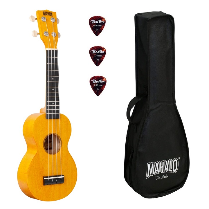 Set ukulele sopran, Mahalo ML1SF, finisaj galben Sunflower, 3 pene, cu husa
