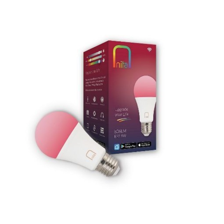Bec LED RGBW inteligent Nita Smart NT01000, Wi-Fi, Bluetooth, A60, E27, 9W (60W), 806 lm, lumina alba si colorata (2700K-6500K), clasa energetica F