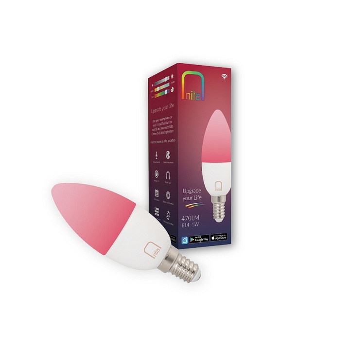 Bec LED RGBW inteligent Nita Smart NT01015, Wi-Fi, Bluetooth, dimabil, C37, E14, 5W (30W), 470 lm, lumina alba si colorata (2700K-6500K), clasa energetica F