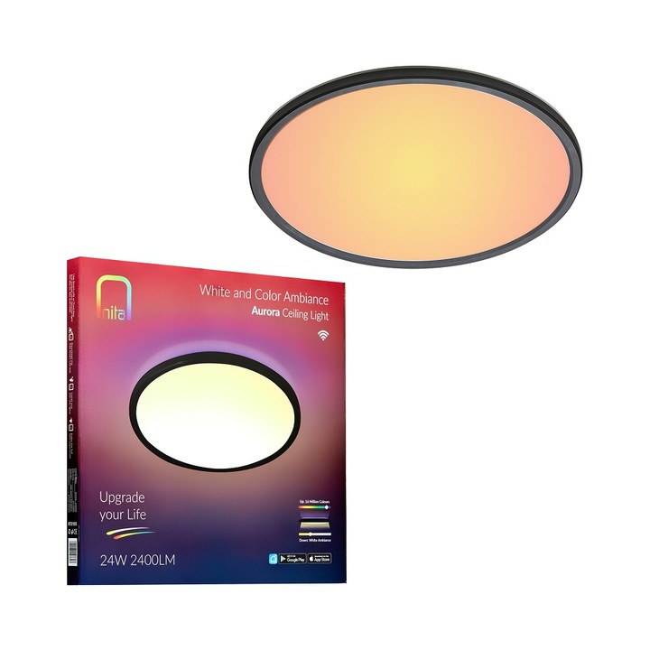 Plafoniera LED RGBW inteligenta Nita Smart Aurora NT01105, Wi-Fi, Bluetooth, dimabila, 24W, 2400 lm, lumina alba si colorata (2700K-6500K), 42 cm, clasa energetica E