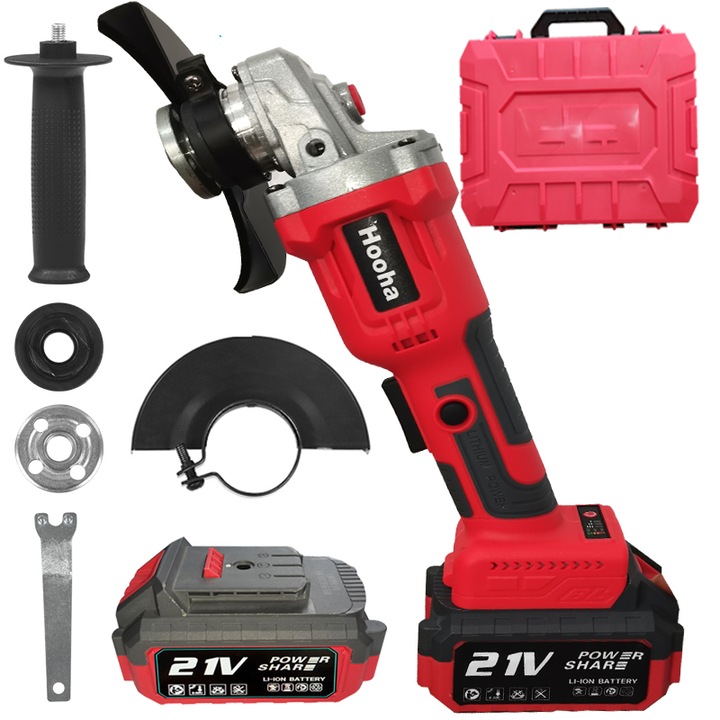 Polizor Unghiular Profesional cu Motor Fara Perii pe Acumulator 3 Trepte, Hooha JMJ2B-A1, 21 V 3000 W, 125 mm Diametru Disc, 2 Acumulator, Incarcator, Negru/Rosu