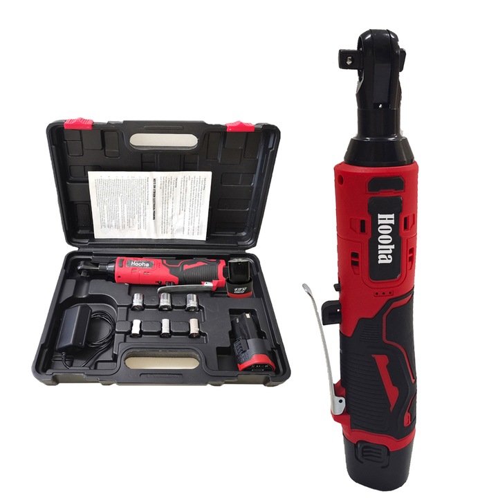 Cheie cu clichet, Hooha, JLBS2BYJH-2， Li-ion 3/8",12V 65Nm 2Ah LED, Rosu, Negru