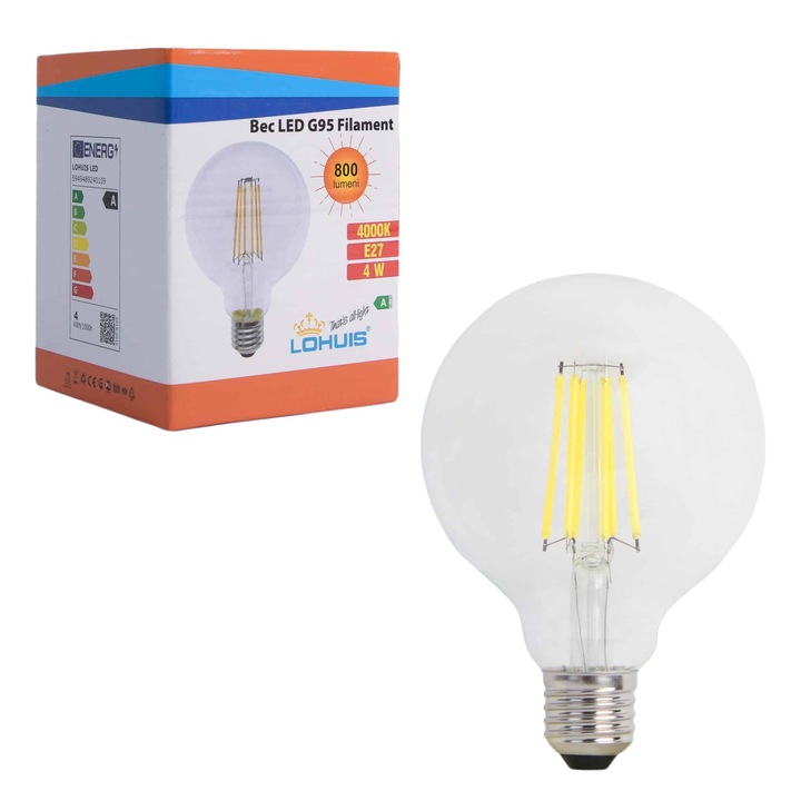 Bec LED G95 FILAMENT, 4W, 800 lm, E27, lumina neutra