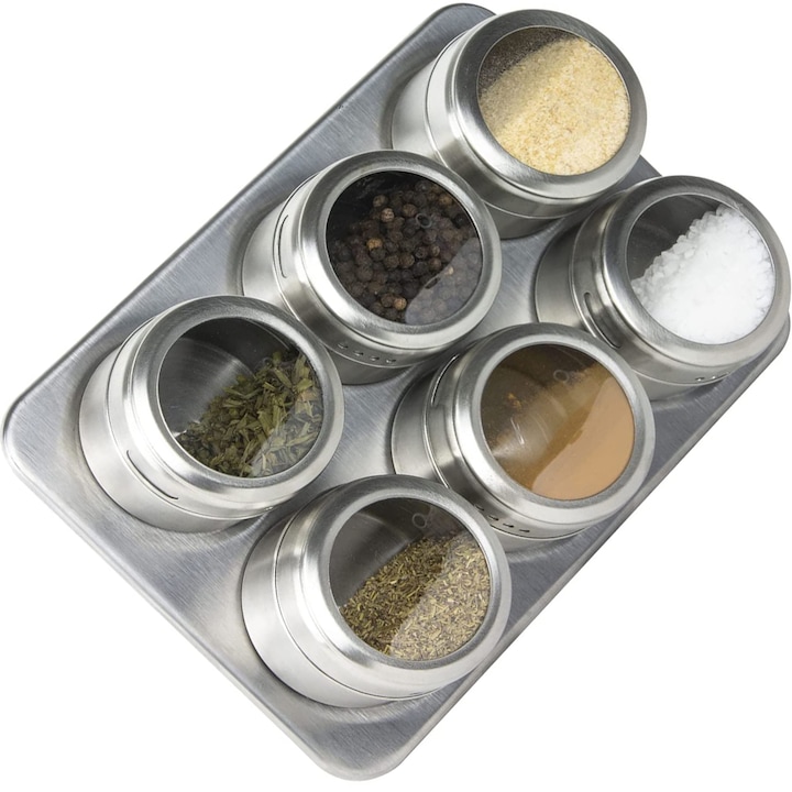 Set de 6 Recipiente Magnetice pentru Condimente, 100ml, cu Etichete si Suport Metalic incluse, Capac Transparent, Bukate®