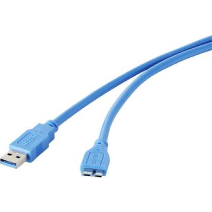 USB 3.0 свързващ кабел, 1x USB 3.0 щепсел A - 1x USB 3.0 щепсел micro B, 1 m, син, позлатен, Renkforce (RF-4264542)