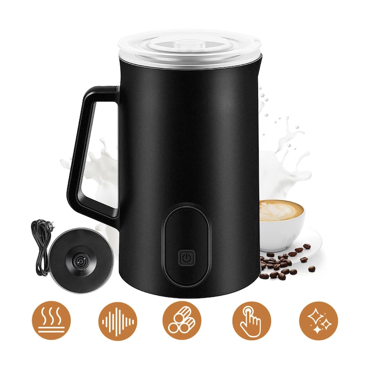 Aparat pentru Spumat Laptele Rece sau Cald Bukate® - Cappuccino, Ciocolata Calda cu Lapte, Spumare 160ml, Incalzire 350ml, Capacitate 580ml, Cana Detasabila, Auto-oprire, Negru, Bukate®