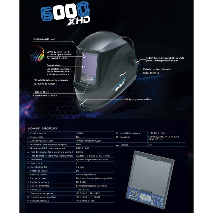 Masca Profesionala pentru Sudura Premium, Shine Sparx 6000XHD AIR PAPR, Negru, Poliamida, Marime Universala