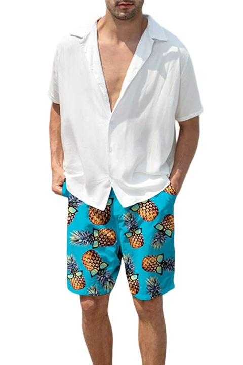 Мъжки бански панталони тип сорт, забавен принт на ананас, готин летен модел, бързосъхнещ, EFAYN, Син