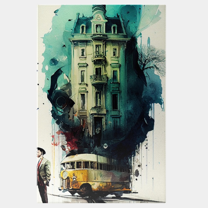 Картина на платно с междувоенна сграда върху жълт училищен автобус, мъжки силует, улично изкуство, облачно небе, детайлно изкуство, 25x40 см, многоцветен
