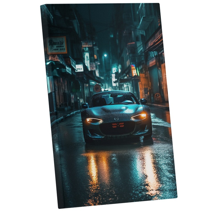 Tablou Canvas Cu Masina Clasica Sport Neagra Pe Strada In Ploaie, Big City, Cladiri Inalte 25x40 cm, Multicolor