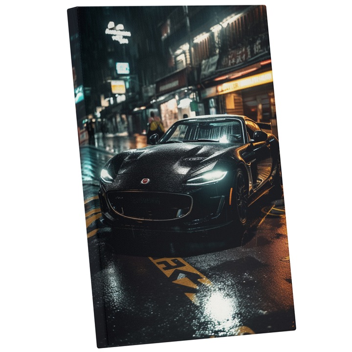 Tablou Canvas Cu Masina Neagra Clasica Sport Pe Strada In Ploaie, Big City, Cladiri Inalte 25x40 cm, Multicolor
