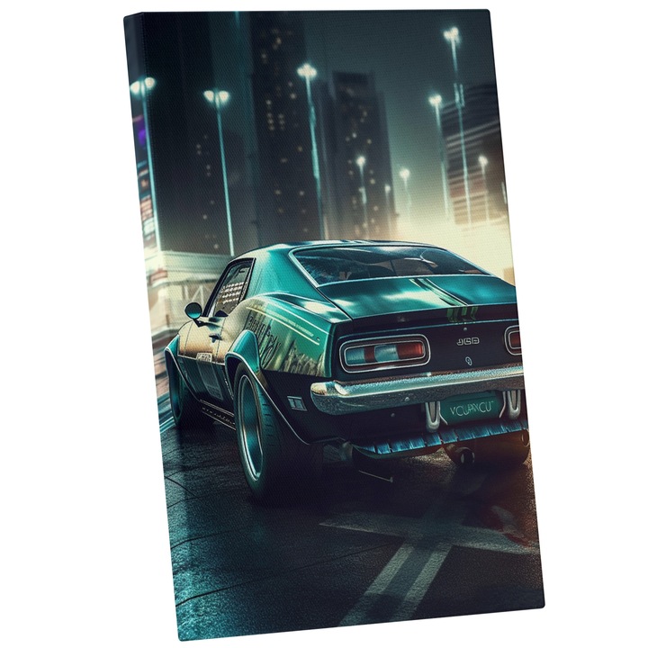 Tablou Canvas Cu Masina Clasica Om Noaptea Albastra, Sosea, Iubitorii De Masini, 25x40 cm, Multicolor