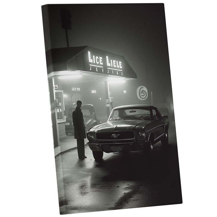 Tablou Canvas Cu Masina Clasica Om Noaptea La Benzinarie, Sosea, Iubitorii De Masini, 25x40 cm, Multicolor