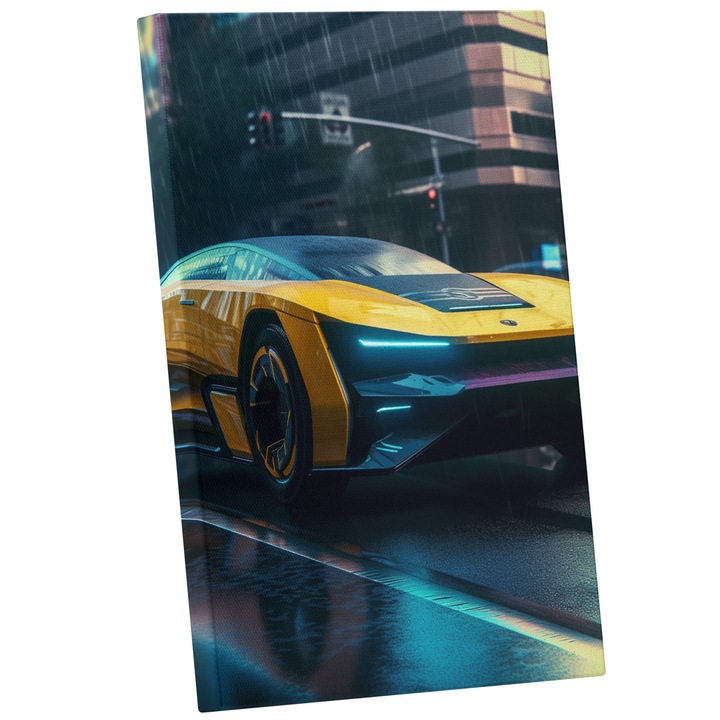 Tablou Canvas Cu Masina Galbena Clasica Stralucitoare Pe strada, Masini Vintige, Viteza, 25x40 cm, Multicolor