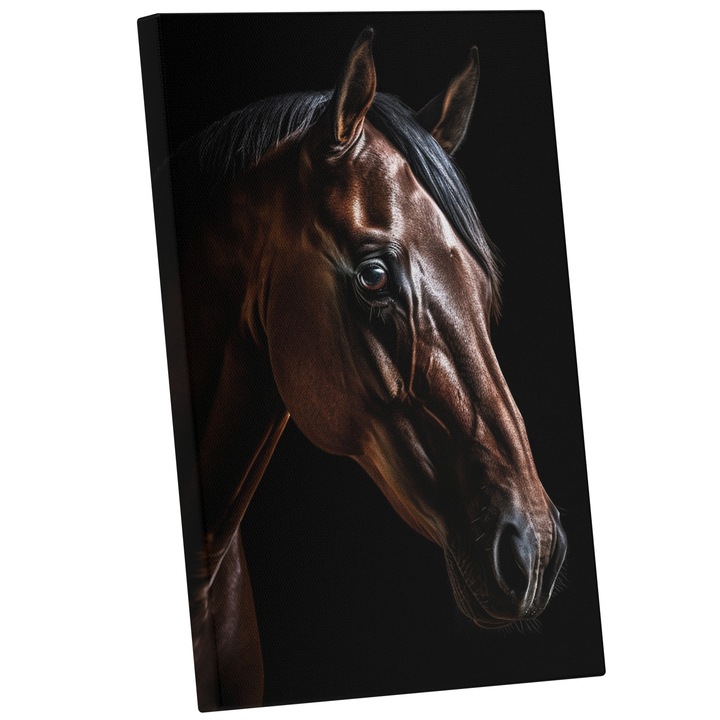 Tablou Canvas Cu Portret Cal Maro Ochii Caprui, Coama Neagra, Cal si Iapa, Natura, Frumusetea Naturii, 25x40 cm, Multicolor