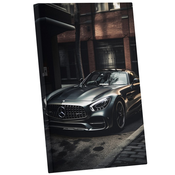 Tablou Canvas Cu Masina Clasica Stralucitoare Printre blocuri, Meredes, Masini Vintige, Viteza, 25x40 cm, Multicolor