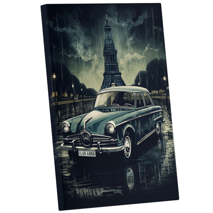 Tablou Canvas Cu Masina Albastra Clasica Stralucitoare Pe strada, Turnul Eiffel, Masini Vintige, Viteza, 25x40 cm, Multicolor