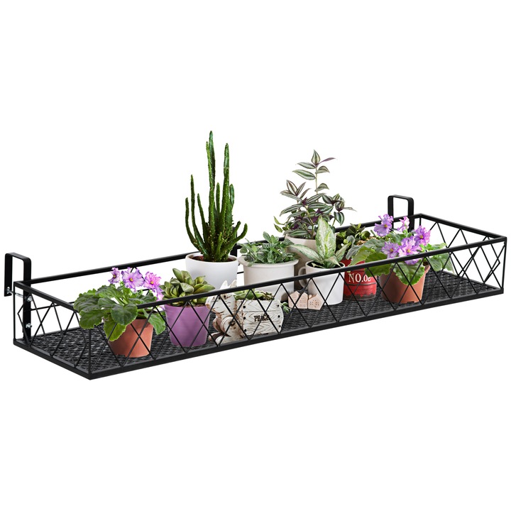 Jardiniera de exterior cu carlige pentru balustrada, Outsunny, Metal, 100x31x12 cm, Negru