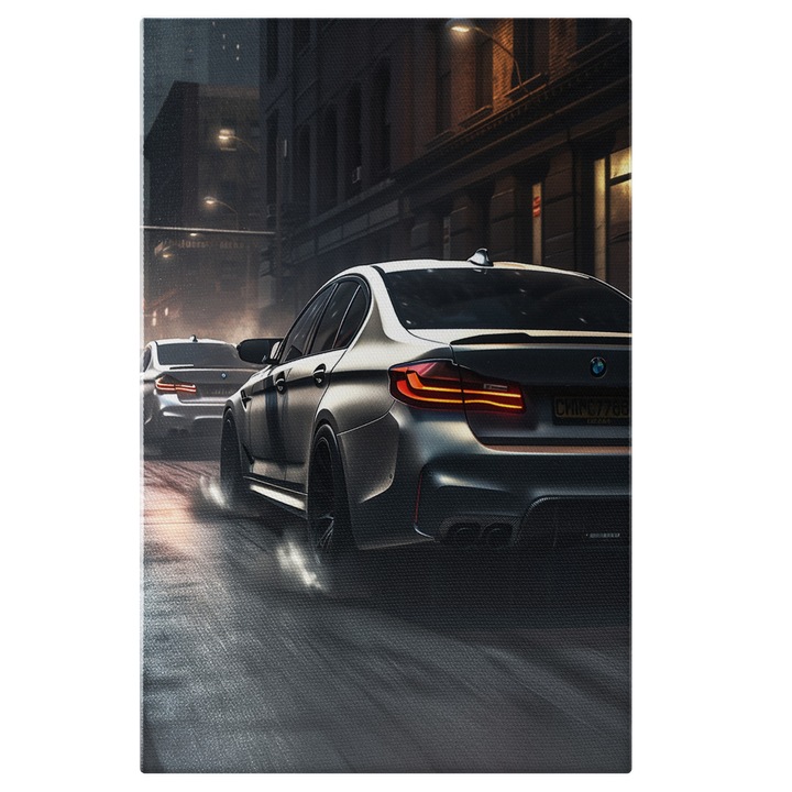 Tablou Canvas Cu Coloana Masini Marca Bmw, Albe Stralucitoare, Cladiri Inalte Plaoie, Iubitorii De Masini 25x40 cm, Multicolor