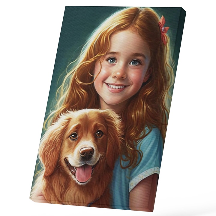 Tablou Canvas Cu Portret Fata Ginger Cu Caine Pui, Copil Cu Pistrui, Cel Mai Bun Prieten Al Omului, Iubitorii De Animal 25x40 cm, Multicolor