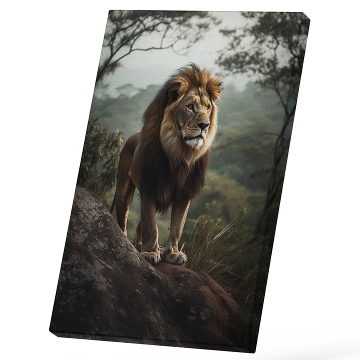 Tablou Canvas Cu Regele Junglei Stand Pe O Stanca Inalta, In Natura, Leu Puternic, Iubitorii De Animale Salbatice 25x40 cm, Multicolor