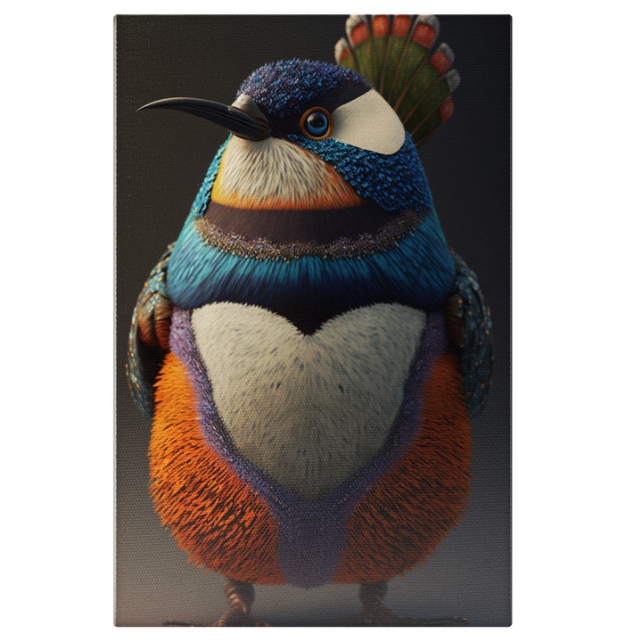 Tablou Canvas Cu Pasare Grasa Multicolora, Cu Coif, Pana, Desene Animate, Iubitorii DE Pasari, 25x40 cm, Multicolor