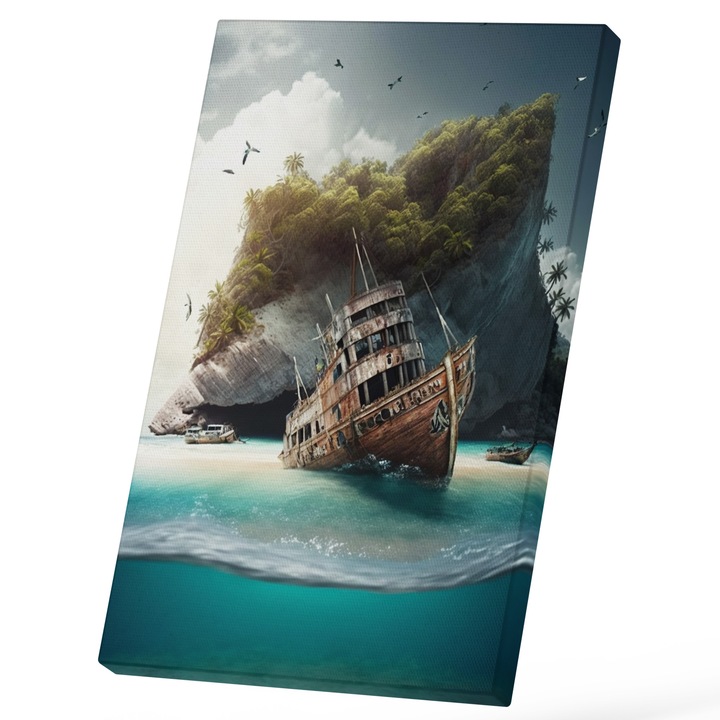 Tablou Canvas Cu Insula Cu Stanca Inalta, Corabie Parasita Copacii Tropicali, Iubitorii De Filme 25x40 cm, Multicolor