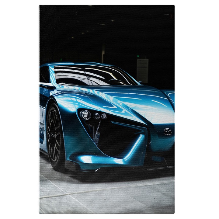 Tablou Canvas Masina Albastra Sport Stralucitoare In Studio De Poze, Fundal Negru, Iubitorii DE Masini Sport, 25x40 cm, Multicolor