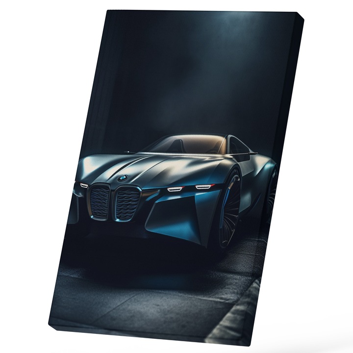 Tablou Canvas Cu Masina Albastra BMW Decapotabila, In Garaj Intuneric, Viteza, Inteligenta Artificiala Avansata, Iubitorii De Masini 25x40 cm, Multicolor