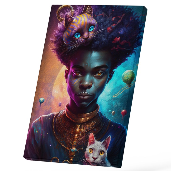 Tablou Canvas Cu Baiat Par Cret, Doua Pisici Lumea Lui Alice, Iubitorii De Filme Sf, Vrajitor 25x40 cm, Multicolor