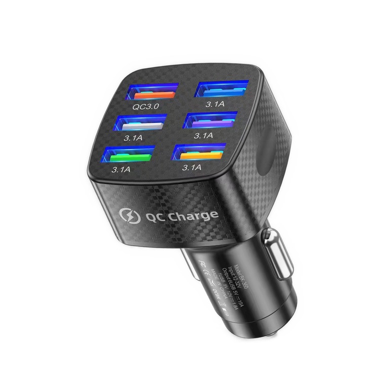 Incarcator Auto Inteligent QC 3.0, 75W, 6 Porturi USB, Fast Charge, Multiple Protectii pentru Siguranta si Incarcare Rapida, Negru