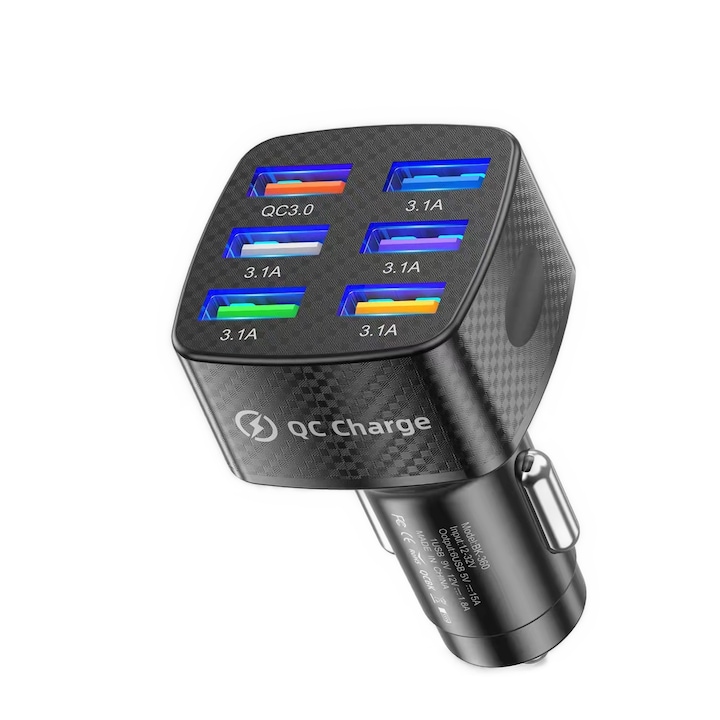 Intelligens autós töltő QC 3.0, 75 W, 6 USB port, gyorstöltés, többféle védelem a biztonság és a gyors töltés érdekében, fekete